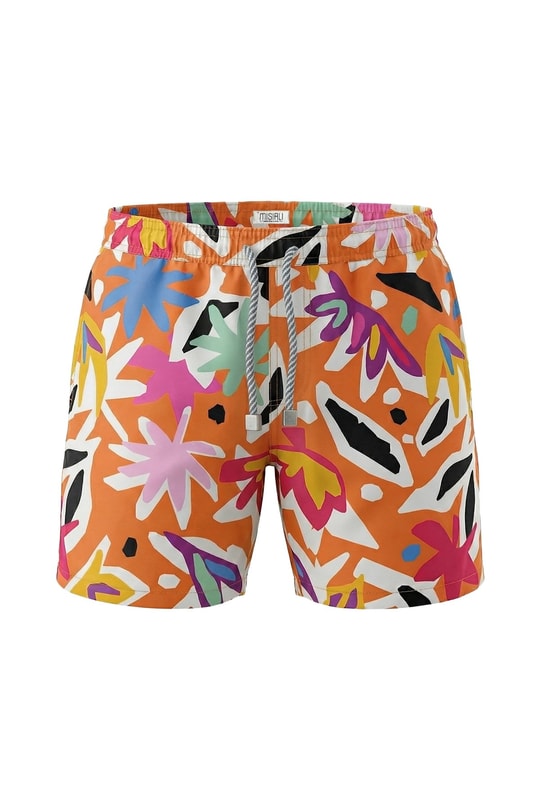 Mısırlı Erkek Abstract Floral Desenli Deniz Şort Hardal