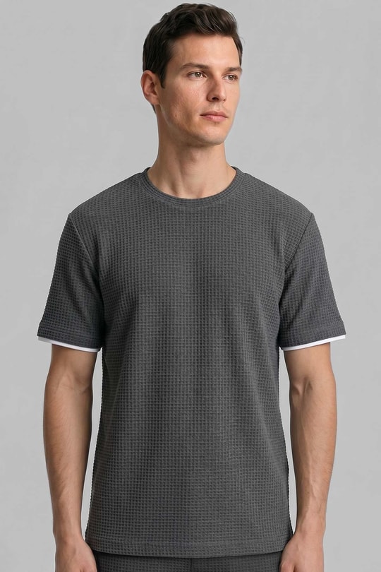 Mısırlı Erkek Jakarlı İnterlok Petek Desen Gofre T-shirt Antrasit