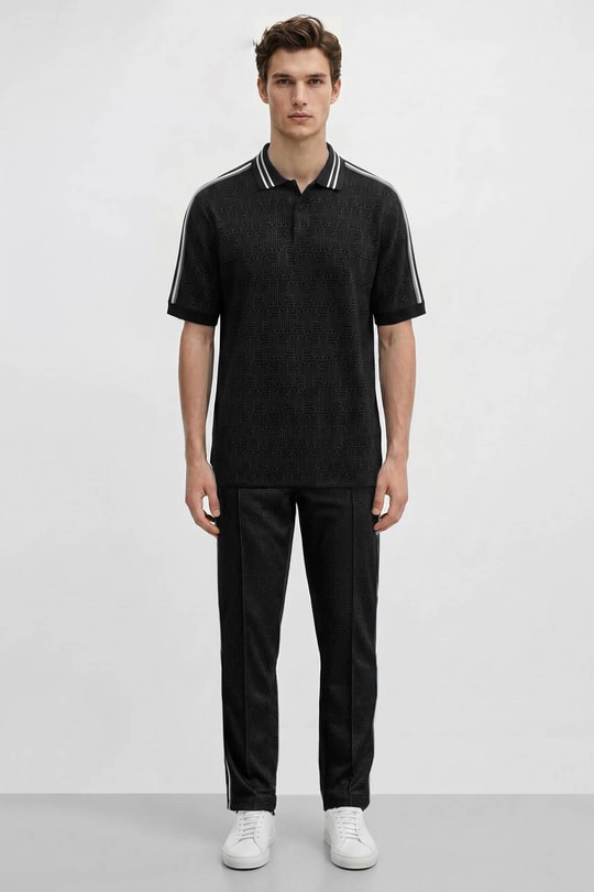 Mısırlı Erkek Monogram Desenli Polo Tshirt Eşofman Takım Siyah