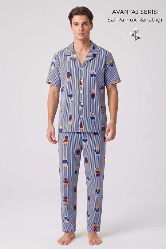 Mısırlı Erkek Pamuk Kısa Kollu Gömlek Pijama Takım Lacivert