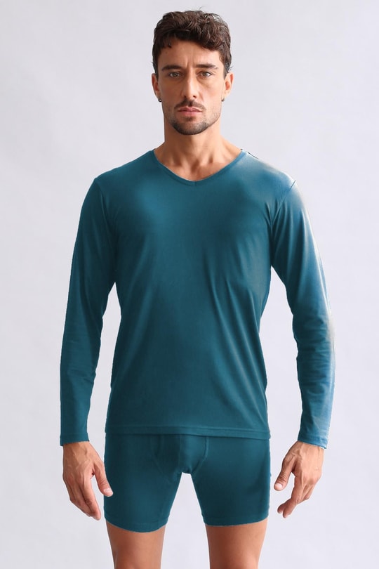 Mısırlı Modal by TENCEL HERCULES Slim Fit V Yaka Uzun Kollu Fanila Fit Green