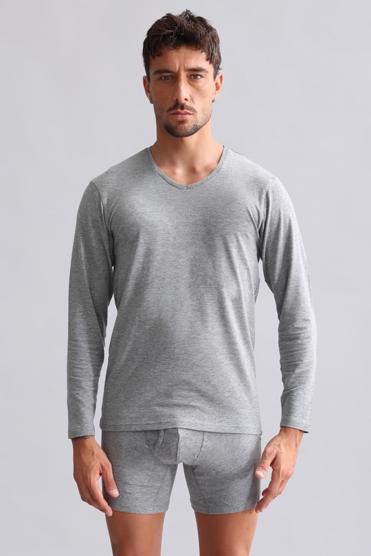 Mısırlı Modal by TENCEL HERCULES Slim Fit V Yaka Uzun Kollu Fanila / T-Shirt Gri Melanj
