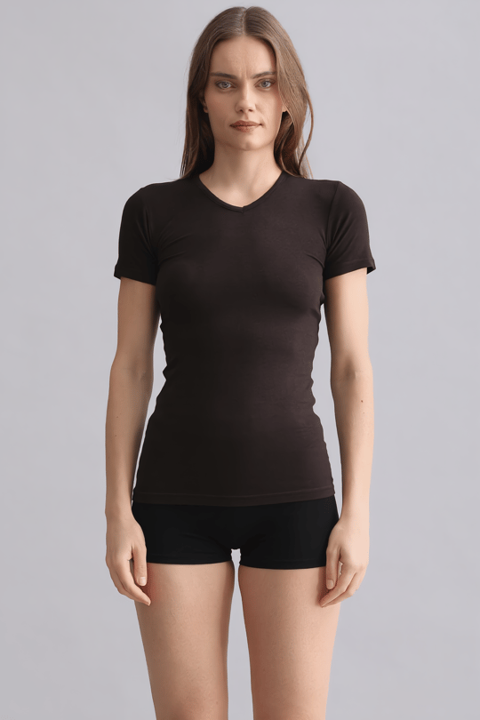 Mısırlı Modal by TENCEL VICTORIA V Yaka Fanila / T-Shirt Kahverengi