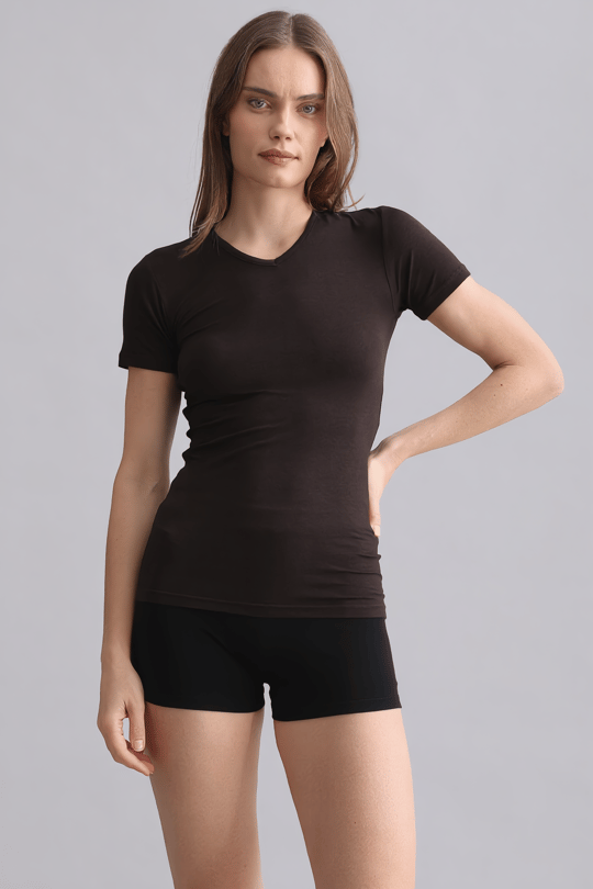 Mısırlı Modal by TENCEL VICTORIA V Yaka Fanila / T-Shirt Kahverengi