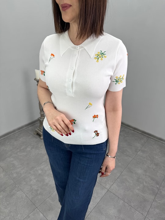 Çiçek Nakışlı Polo Yaka Triko 3329