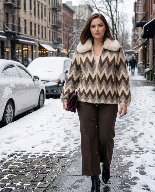 Yakası Kürklü Zig Zag Desen Angora Hırka Ceket 4072