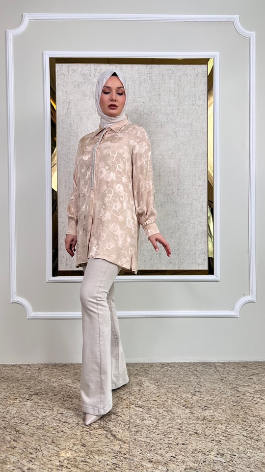 Desenli İpek Saten tunik Gömlek 3236