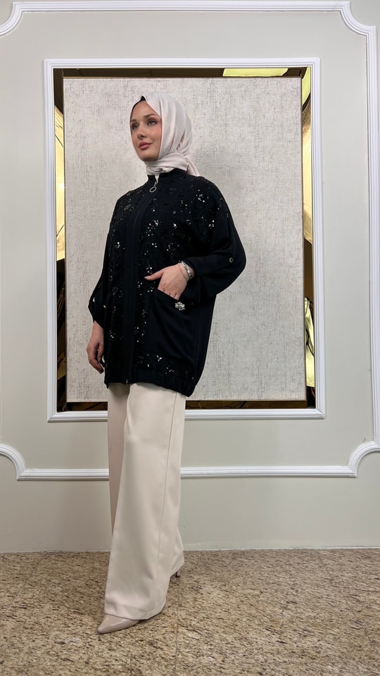 Pullu Dantel Kombinli Fermuarlı Hırka 3165