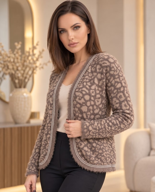 Simli Leopar Desen Angora Hırka Ceket 4074