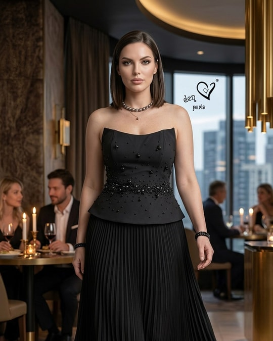 Straplez Pliseli Şifon Abiye Elbise 3509