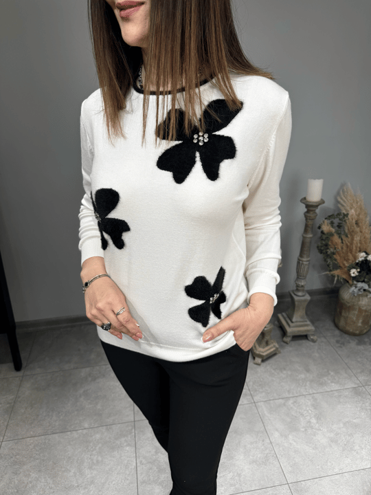 Çiçek Desen Taşlı Triko 2681