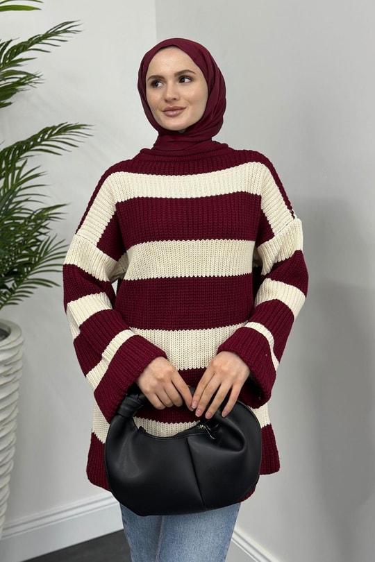 April Kalın Çizgili Kazak Bordo