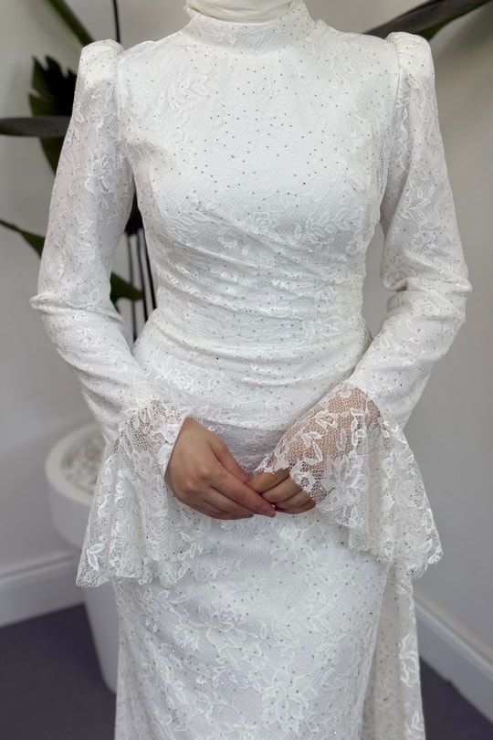 Brielle Taşlı Dantelli Abiye Beyaz