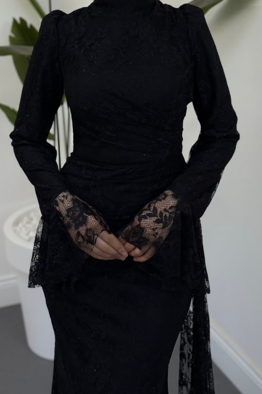 Brielle Taşlı Dantelli Abiye Siyah