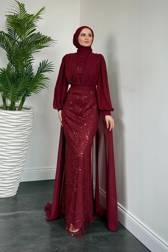 Justina Boncuklu Pelerinli Abiye Bordo 