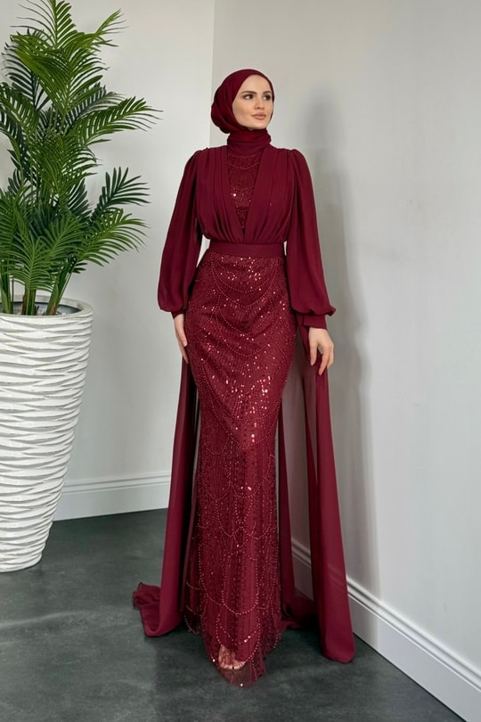 Justina Boncuklu Pelerinli Abiye Bordo 
