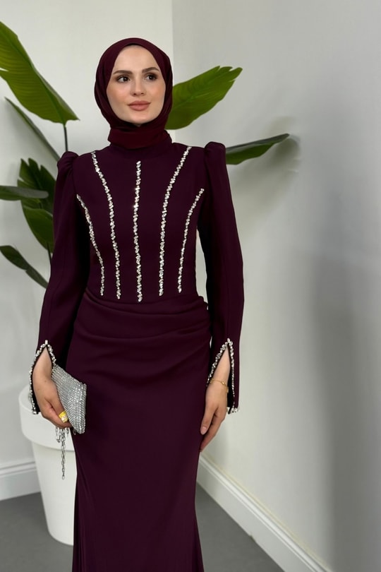 Shabira Taşlı Krep Balık Abiye Mor