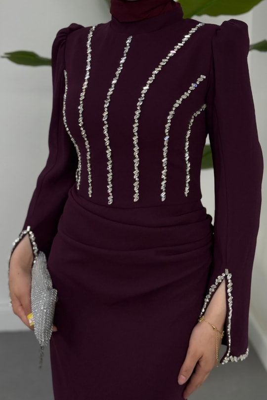 Shabira Taşlı Krep Balık Abiye Mor