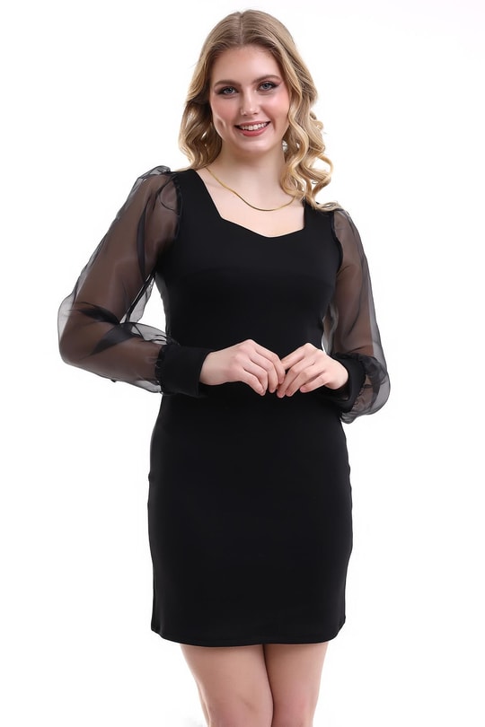 Siyah Kolları Organze Abiye Elbise 