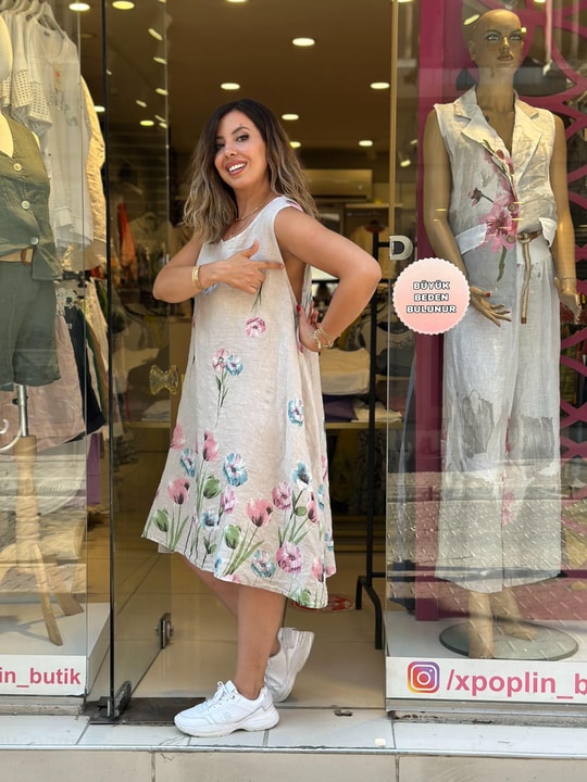 %100 Keten Çiçek Desenli Kolsuz İthal Elbise Krem