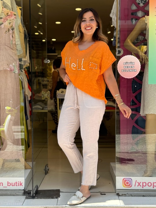 %100 Keten Hello İthal Bluz Turuncu
