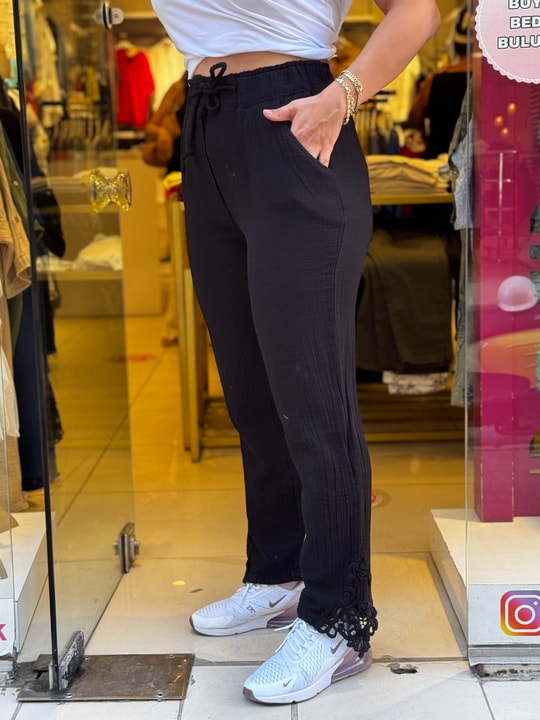 %100 Müslin Paça Nakışlı Pantolon Siyah