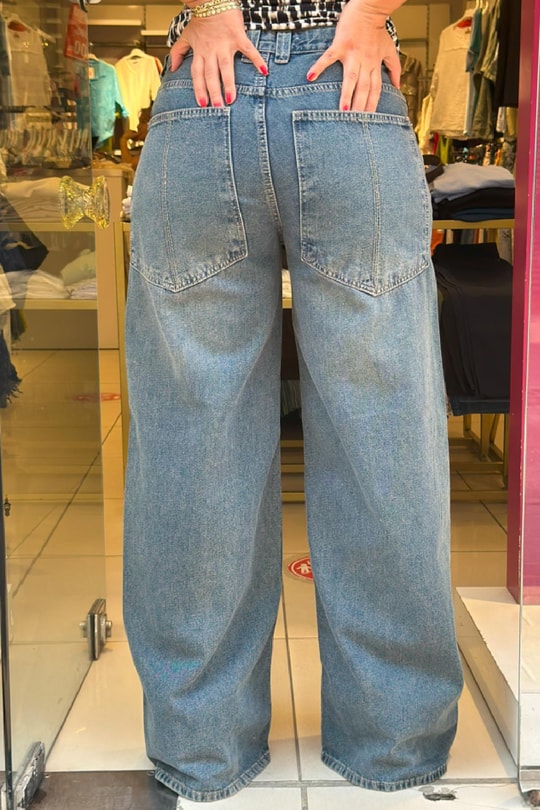 %100 Pamuk Düşük Bel Baggy Kot Pantolon Koyu İndigo
