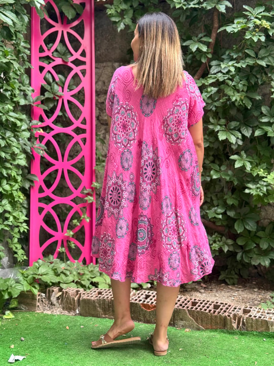%100 Pamuk Etnik Desenli İthal Elbise Pembe