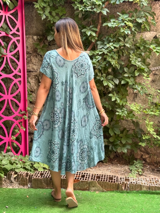 %100 Pamuk Etnik Desenli İthal Elbise Su Yeşili