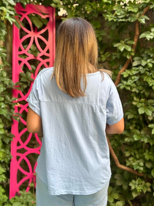 %100 Pamuk Keten Omuz Detaylı İthal Bluz Bebe Mavisi