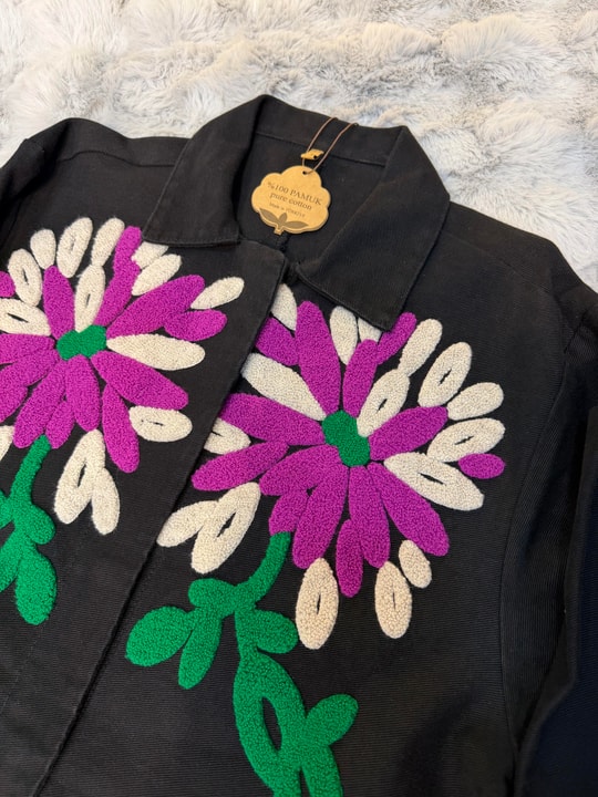 %100 Pamuk Pembe Çiçek Nakış Kabartmalı Ceket