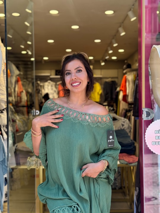 %100 Pamuk Yaka Detaylı Elbise Yeşil