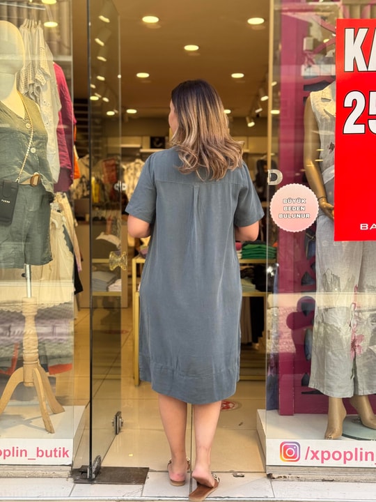 %100 Tensel Kısa Kollu Elbise Petrol Yeşili