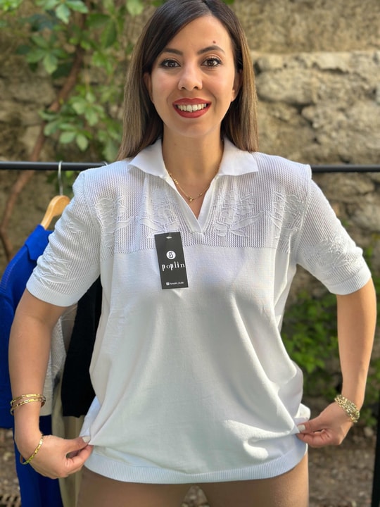 Ajur Detaylı Merserize Bluz Beyaz