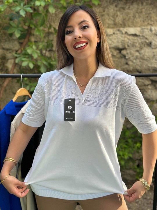Ajur Detaylı Merserize Bluz Beyaz