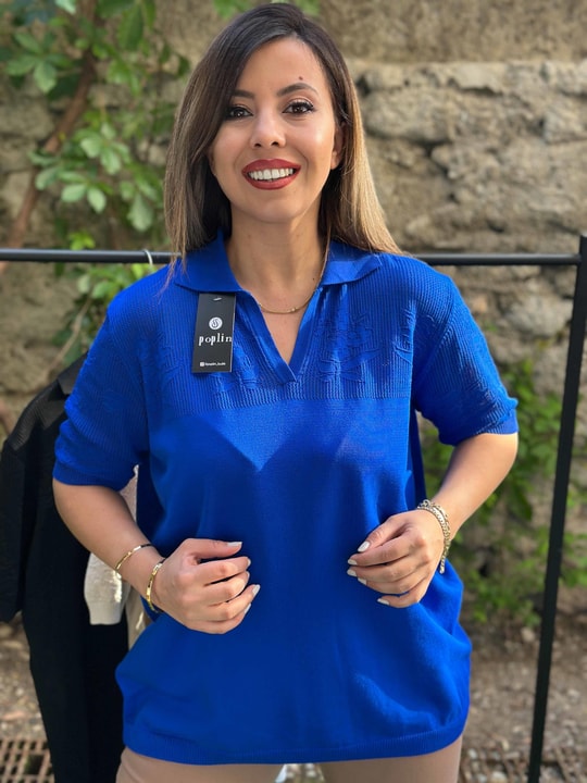 Ajur Detaylı Merserize Bluz Saks Mavi