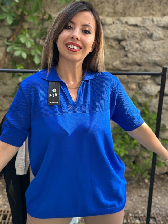 Ajur Detaylı Merserize Bluz Saks Mavi