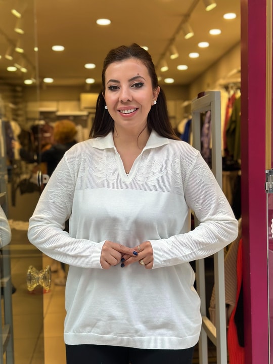 Ajur Detaylı Merserize Triko Uzun Kollu Polo Yaka Bluz Beyaz