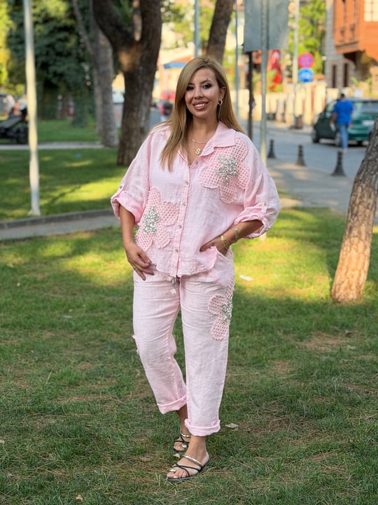 Çiçek Desenli Taşlı İkili Takım Pembe
