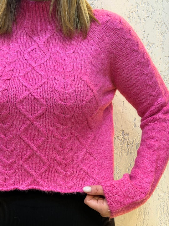 Dik Yaka Desenli Crop Kazak Pembe
