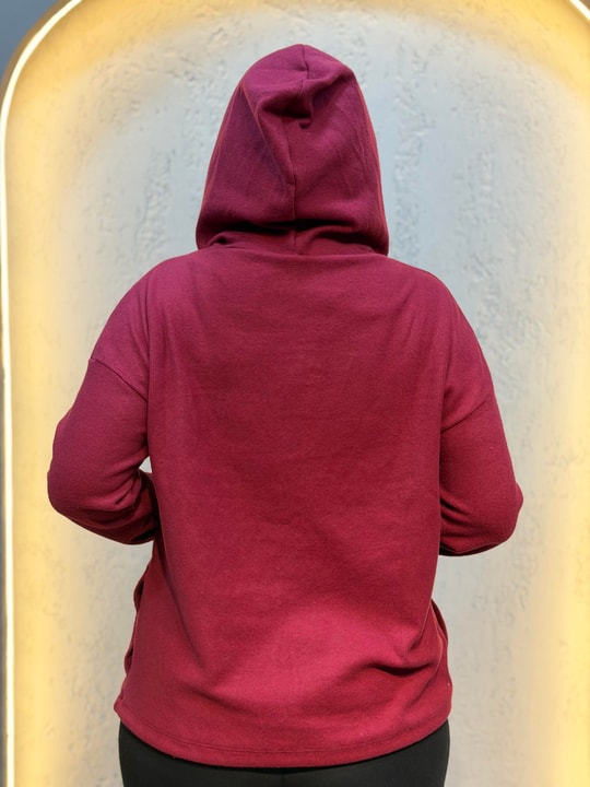 Düğme Detaylı Kapüşonlu Pamuk Bluz Bordo