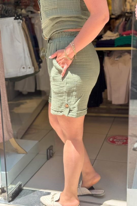 Düğme Detaylı Müslin Şort Haki