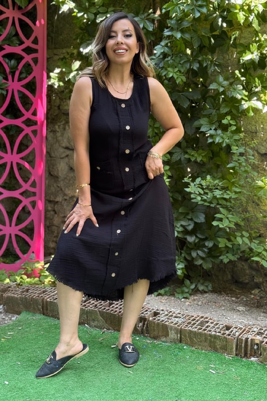 Düğmeli Müslin Elbise Siyah