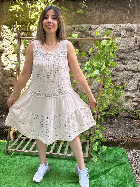 Fistolu %100 Pamuk Elbise Krem