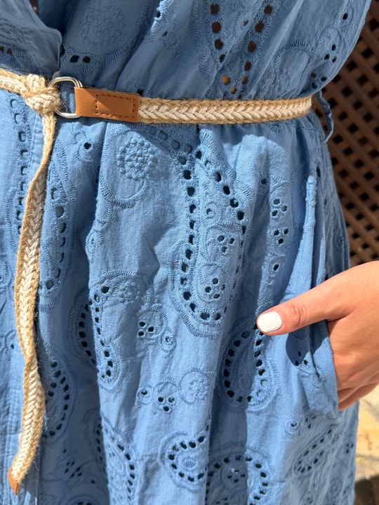 Fistolu Kemer Detay Polo Yaka Elbise Mavi