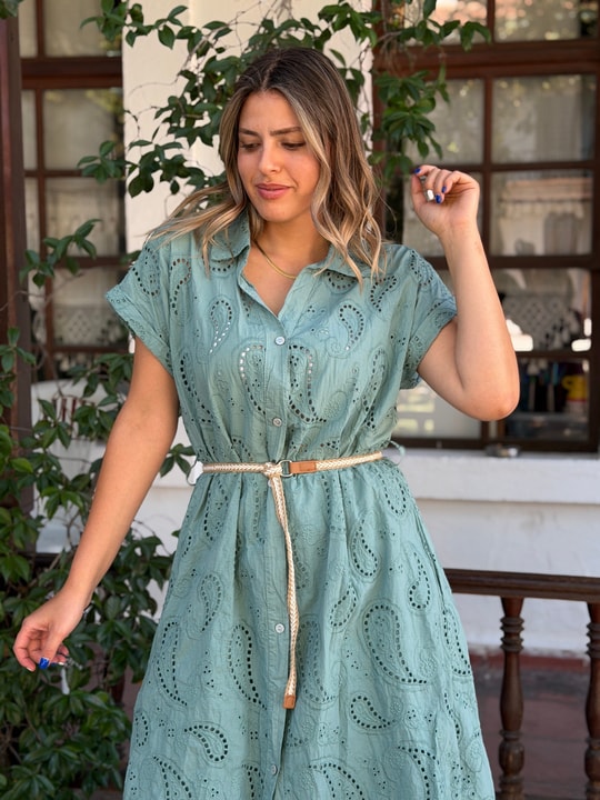 Fistolu Kemer Detay Polo Yaka Elbise Yeşil
