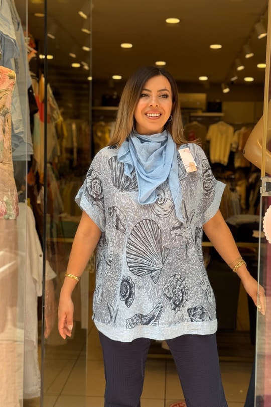 Fular Detaylı İthal Bluz Açık Mavi