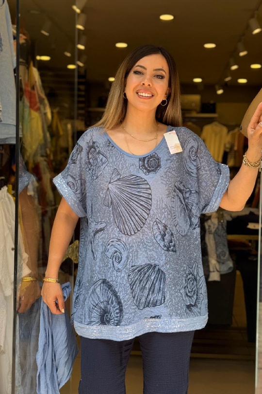 Fular Detaylı İthal Bluz Mavi