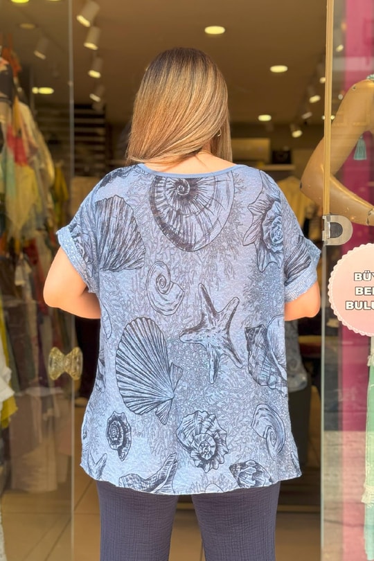 Fular Detaylı İthal Bluz Mavi