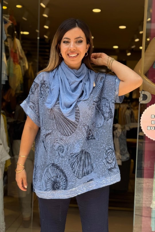 Fular Detaylı İthal Bluz Mavi